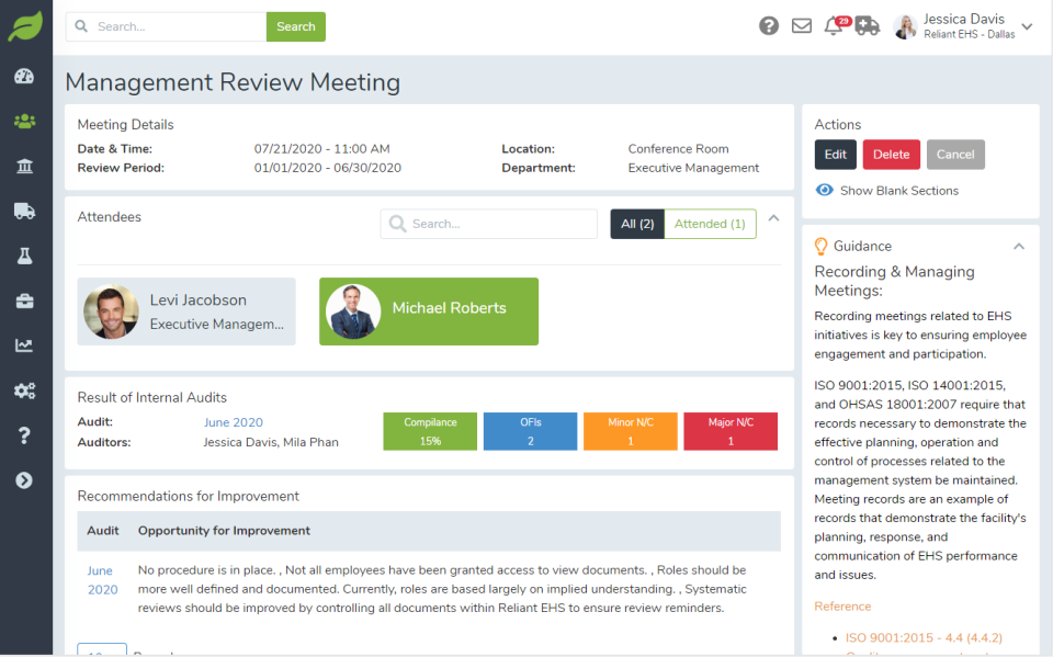 screenshot of Reliant EHS